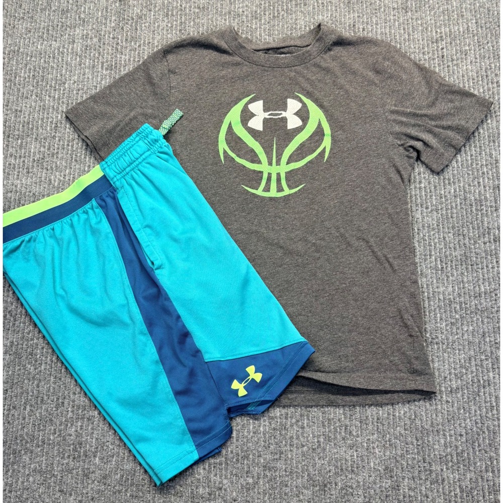 Under Armour Boys HeatGear Shirt and Shorts Set Gray Teal Lime Green Size Medium
